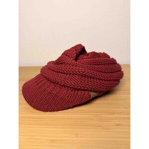 C.C Exclusives Red Cable Knit Visor Beanie Hat Newsboy Cap Stretch NWOT